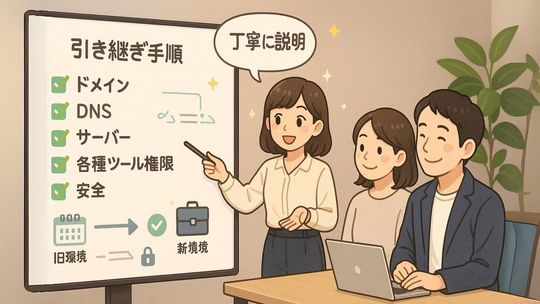 ドメインやサーバー、各種ツールの引継ぎ手順を丁寧に説明